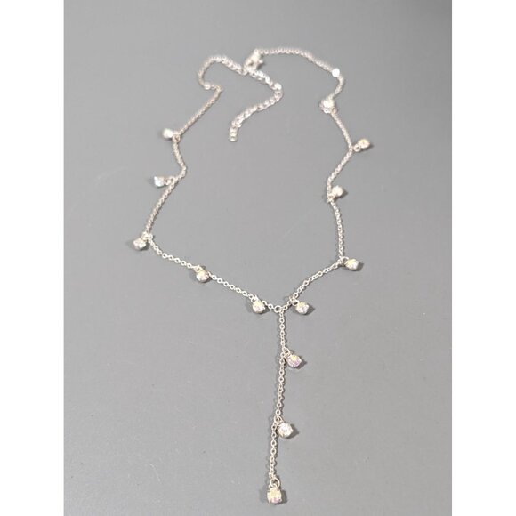 Silver Tone Aurora Borealis Rhinestone Charm Y-Drop Necklace Dainty 18" - Picture 2 of 8